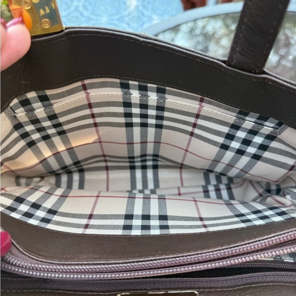 Burberry Brown Leather Tote Bag with Burberry Scarf and perfume.